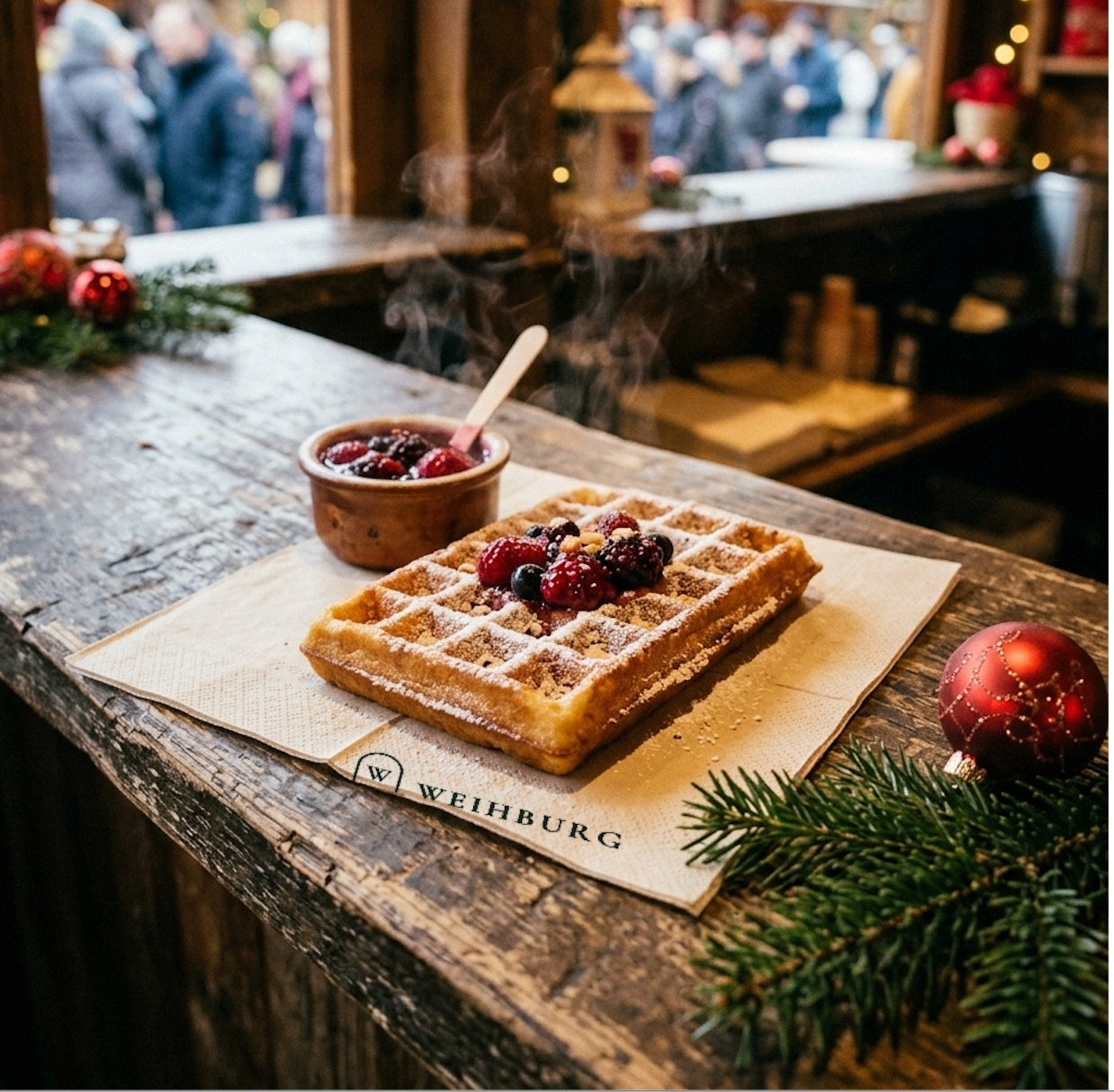 Waffel mit Puderzucker und Waldbeeren auf der Holztheke